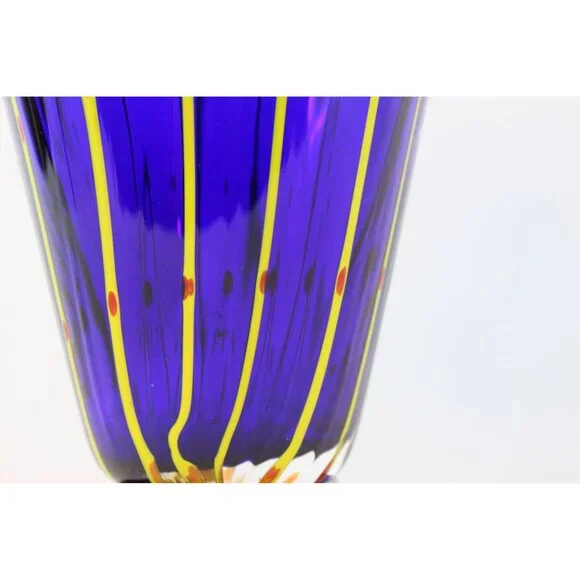 Hand Blown Cobalt Blue Art Glass Vase 12” Pulled Line Design Pedestal Foot Mexic